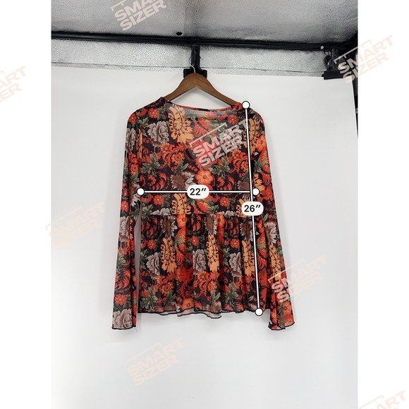 Babydoll Mesh Sheer Floral Paisley Boho V Neck Top XL tie front Asian print Y2K - Picture 6 of 7